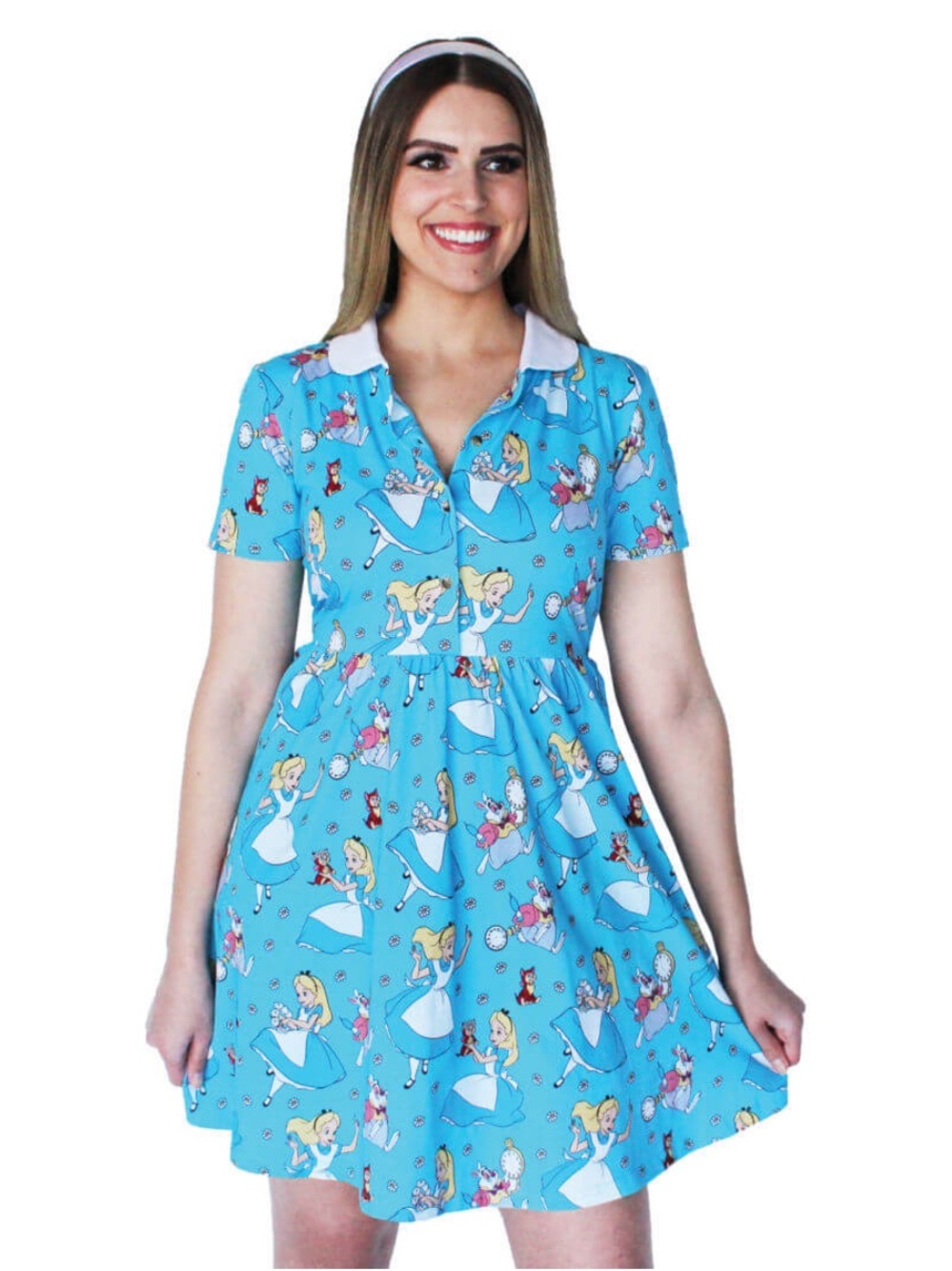 Cakeworthy Alice in Wonderland Print Blue Collared Mini Dress